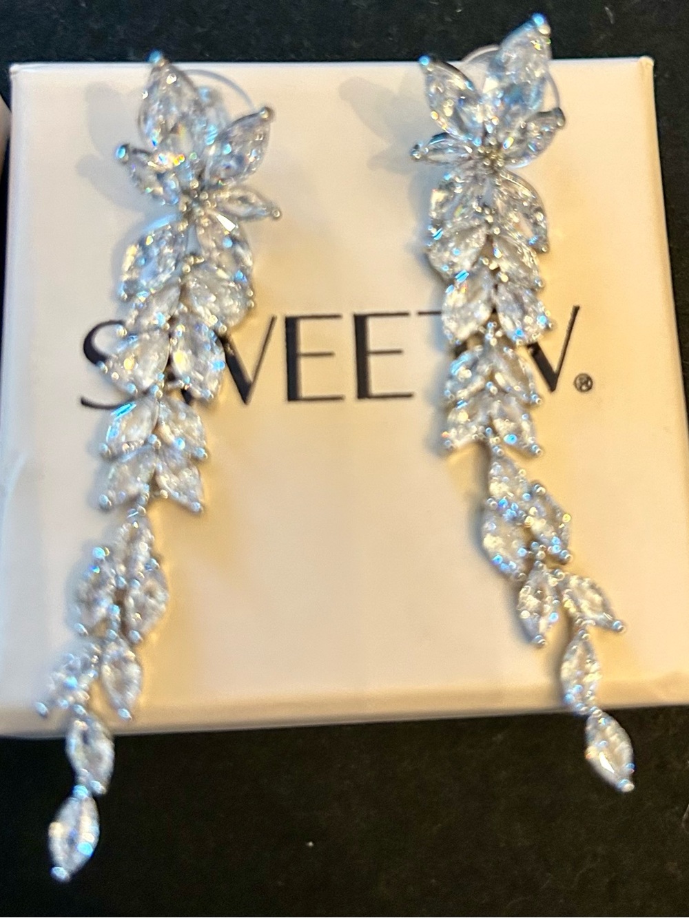 Silver Crystal Leaf Drop Earrings - White/Silver